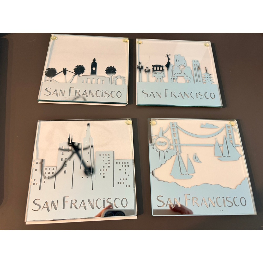 SF Mercantile San Francisco Skyline‎ Mirrored Glass Coaster Set 4pc Silver Clear